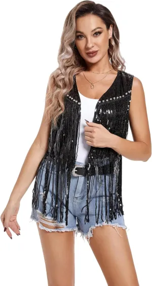 Women Tassel Vest 70s Hippie Sparkly Fringe Sequin Jacket Cardigan Rivet Sleeveless Open Front Coat