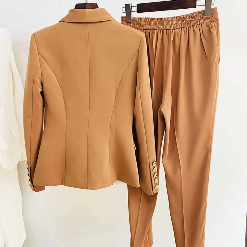 Women's Camel Pantsuit Blazer High Waisted Pants Suit Work Wear Pantsuit