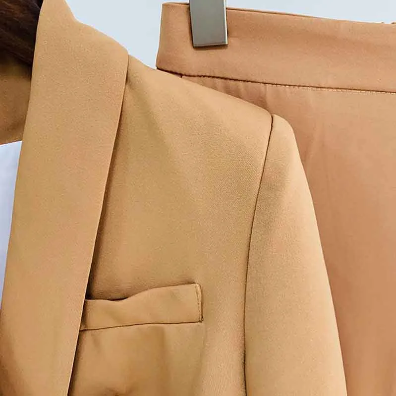 Women's Camel Pantsuit Blazer High Waisted Pants Suit Work Wear Pantsuit