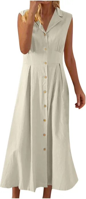 Womens Cotton Linen Button Down Shirt Dress Sleeveless Business Casual Collared Work Dresses Summer Clothes Outfits