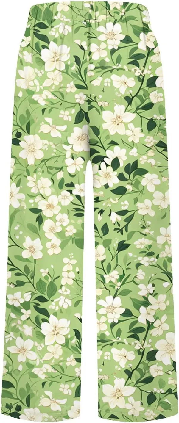 Womens Pants Casual Boho Floral Print Cotton Linen Pants Elastic Waisted Summer Beach Vacation Trouser with Pockets
