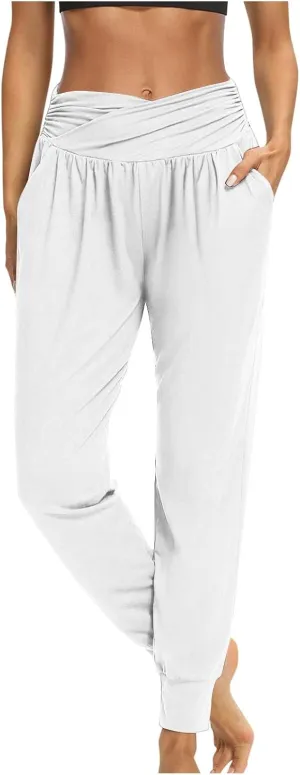 Women's Solid Color Jogger Pants Lightweight Elastic Waisted Pleated Pants with Pocket Running Casual Outdoor Pants