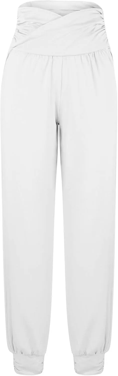 Women's Solid Color Jogger Pants Lightweight Elastic Waisted Pleated Pants with Pocket Running Casual Outdoor Pants