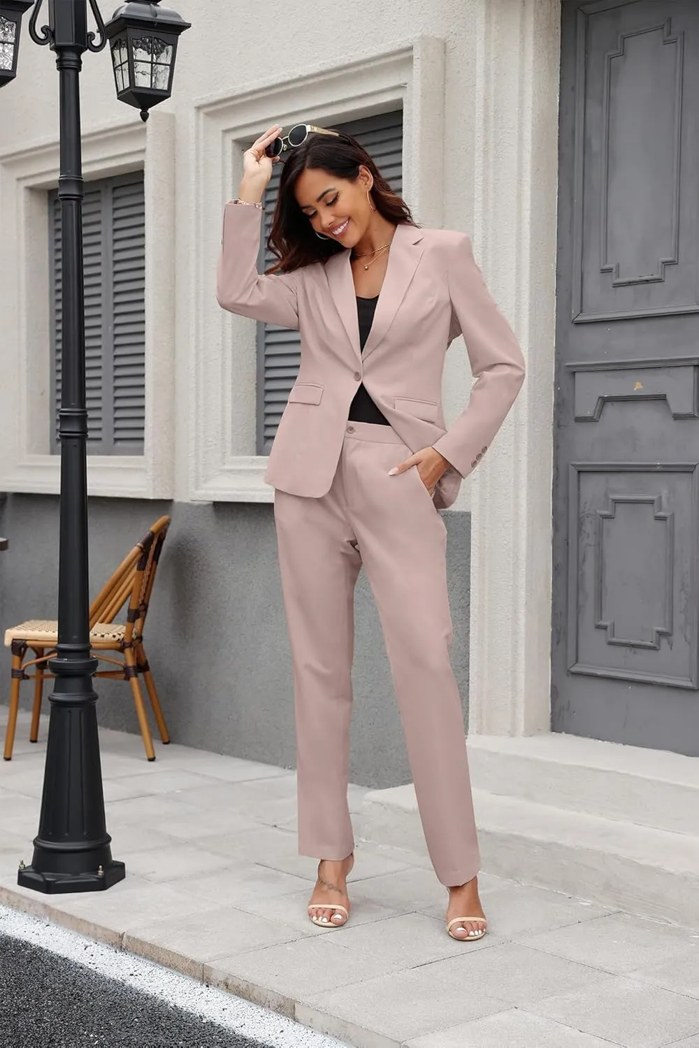Women's Suit 2 Piece Slim Fit Formal Notched Lapel Lady Solid Work Outfits Casual Blazer Jacket Pants Set for Business Office