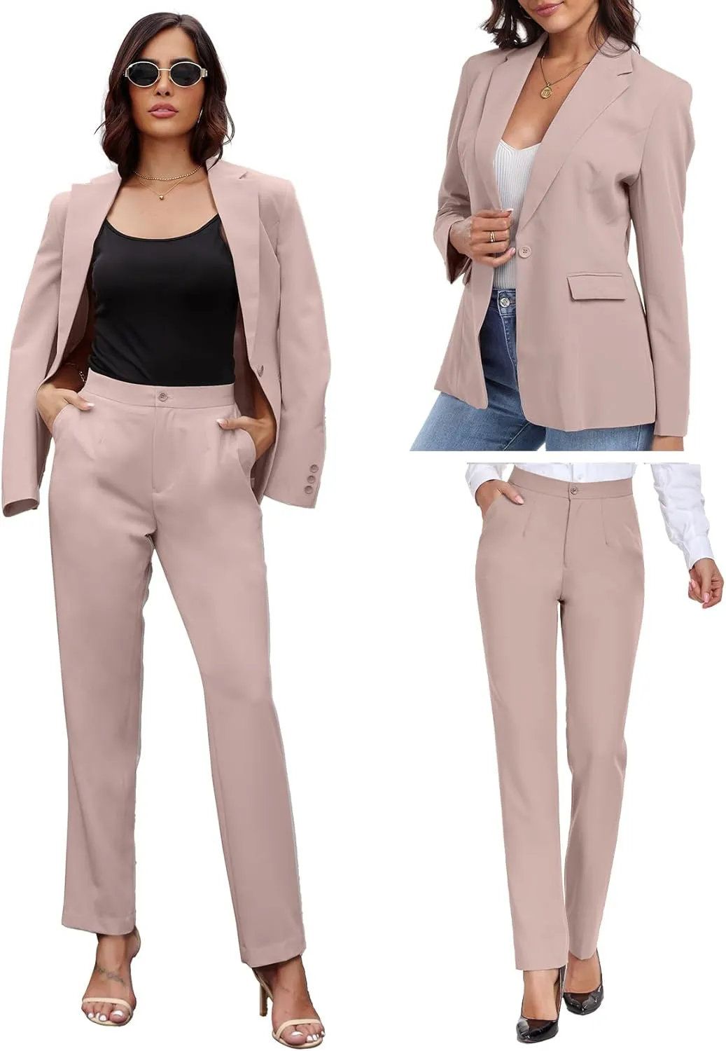 Women's Suit 2 Piece Slim Fit Formal Notched Lapel Lady Solid Work Outfits Casual Blazer Jacket Pants Set for Business Office