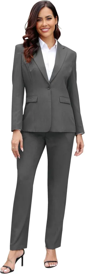 Women's Suit 2 Piece Slim Fit Formal Notched Lapel Lady Solid Work Outfits Casual Blazer Jacket Pants Set for Business Office