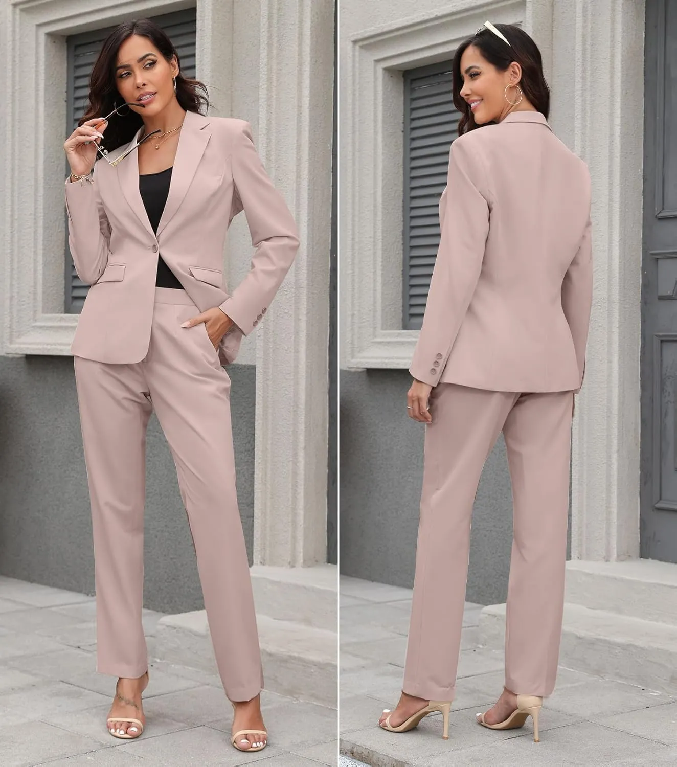 Women's Suit 2 Piece Slim Fit Formal Notched Lapel Lady Solid Work Outfits Casual Blazer Jacket Pants Set for Business Office